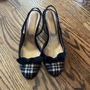 Jcrew, 8-81/2, tweed, sling heel,  3” stack heel, tweed black suede knot